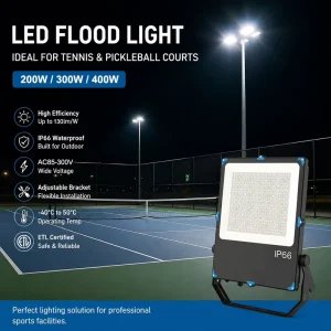 ETL Certified LED Flood Light IP66 Waterproof 200W Outdoor Stadium Lamp High Lumens Sport Court Lighting for Tennis Pickleball