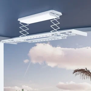 Electric Ceiling-Mounted Foldable Aluminum Clothes Rack with LED Light for Balcony