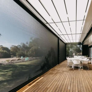 Electric Motorized Outdoor Roller Shades with Vertical Pattern, Remote Control, and Sun-Shading Curtain