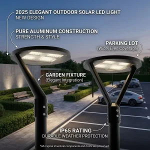 Elegant Outdoor Solar LED Light Pure Aluminum Parking Lot & Garden Fixture IP65 Rating