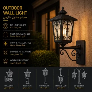 European Outdoor Wall Lantern with Decorative Scroll Arm, Villa Garden Lighting