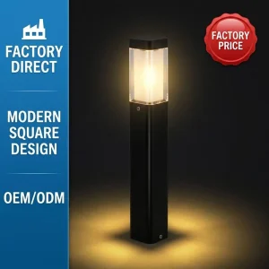Factory Direct Modern Square Bollard Light IP65 Glass Lantern Top Frosted Inner Diffuser Matte Black Outdoor Garden Path