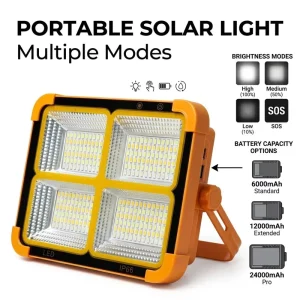 Factory Direct Solar Lithium Portable LED Work Light 4 Quadrant Array IP66 2 in 1 Power Bank Emergency Outdoor Lamp