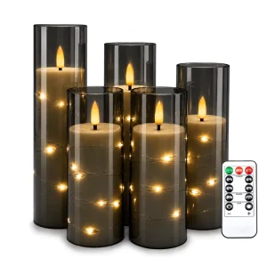 Five piece Set Gray colored Pillar shaped Acrylic LED Battery Powered Remote Control Star Candle Lights Simulated Easter