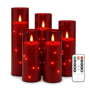 Five piece Set Red colored Pillar shaped Acrylic LED Battery Powered Remote Control Candle Lights Simulated Christmas New Year