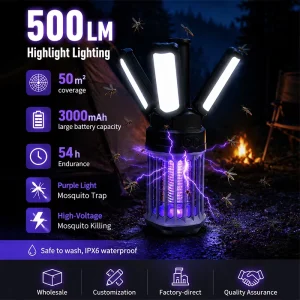 Foldable 500LM LED Camping Lamp Type-C Rechargeable Bug Zapper and Mosquito Killer Light IPX6 Waterproof for Outdoor Tents
