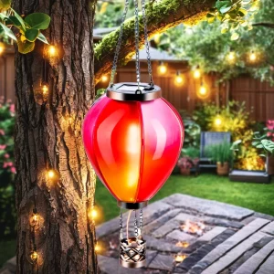 Garden Wind Spinner Solar Flame Light Hot Air Balloon Lamp LED Hanging Lanterns