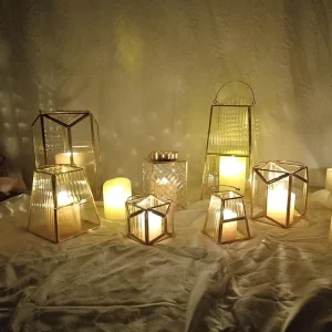 Glass and Brass Lantern Candle Holders for Home Decoration