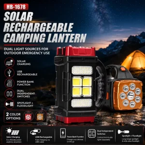 Handheld Solar Camping Lantern 8 LED Spotlight Dual Side COB Work Light USB Rechargeable Power Bank for Outdoor Emergency Lamp