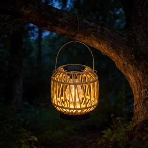 Handwoven Rattan Solar Lantern with Bamboo Basket Design and Vintage Bulb for Outdoor Garden Patio Decor