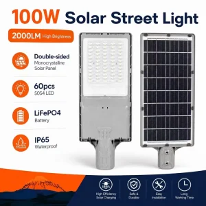 High Brightness 100W 2000LM Die-cast Aluminum IP65 Waterproof with Remote Control for Outdoor Road Solar Street Light