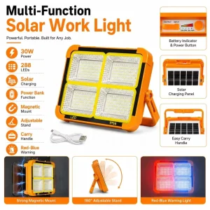 High Brightness 30W 288 LEDs ABS and Glass Solar Rechargeable Work Light for Camping Emergency Repair Portable Flood Light