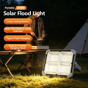 High Brightness OEM ODM Outdoor 200W Red Blue Strobe Abs Glass Folding Type Floodlight Portable Hand Held LED Solar Flood Light