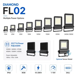 High Efficiency IP66 Rated 300W LED Floodlight with 5-Year Warranty for Sports Stadiums & Gardens Aluminum Alloy Construction