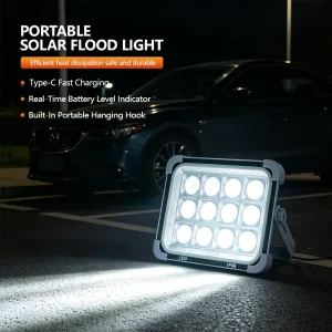 High Efficiency Outdoor 200W Red Blue Strobe ABS Glass Floodlight Portable Hand Held LED Solar Flood Light