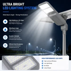 High Efficiency and Energy Saving 190 Lm/w and 180 Degree Wide Beam Angle All in One LED Solar Street Light