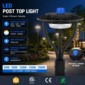 High Lumen LED Garden Post Top Light 150LM/W 50W-200W Outdoor IP65 Waterproof Decorative Lighting for Pathway Community Use