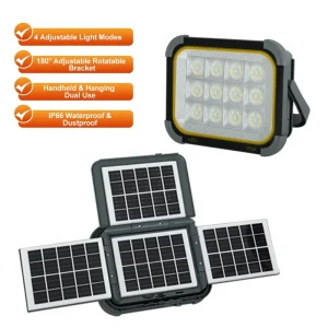 High Lumen Output 300W 3000K 6000K Red Blue Strobe Abs Glass Folding Type Floodlight Hand Held LED Solar Flood Light