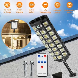 High Power 598 LED Solar Street Light Outdoor Wide Angle Motion Sensor Security Wall Lamp with Remote Control for Front Door