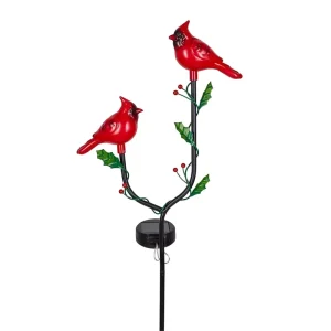 Holiday Poinsettia Red Bird Figurine LED Solar Lights Iron Garden Stakes Water Resistant Decorative Light