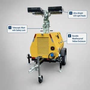 Hydraulic Elevating Mast Light Tower White 10m Lift Height Diesel Powered Towable IP66 Rated LED for Construction Road