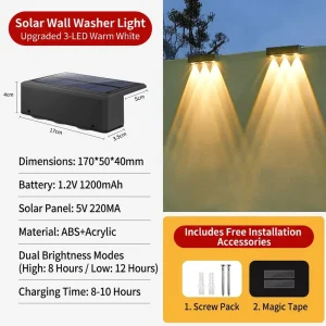 IP55 Waterproof Solar Rechargeable Light Sensor Controlled 3LED Long Strip Wall Washer Outdoor Garden Home Villa Decorative