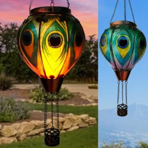 IP65 Hot Air Balloon Solar Light Peacock Eye Glass LED Simulation Flame European Style Garden Hanging Ornament