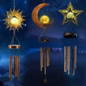IP65 Rating Solar Powered LED Sun Moon Wind Chime Pendant Small Iron Cut Waterproof Outdoor Garden Landscape Solar Garden Lights