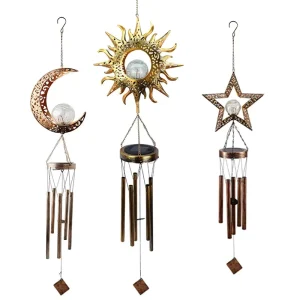 IP65 Solar Powered LED Sun Moon Wind Chime Pendant Outdoor Garden Landscape Decoration Small Iron Cut Out Waterproof