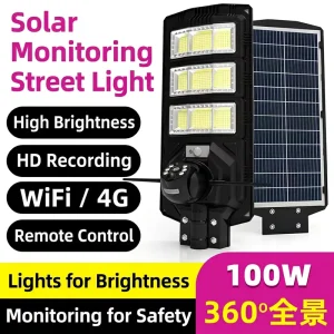 IP65 Waterproof Camera LED Solar Street Light, 100W, Remote Control, Outdoor Road Lamp