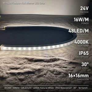 IP65 Waterproof Flexible LED Wall Washer Strip DC24V 16W/m 48LEDs/m 4000K 30 Degree for Exterior Building Facade Lighting