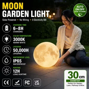 IP65 Waterproof Solar LED Moon Ball Light Outdoor Garden Globe Lamp for Patio Yard Lawn Pathway Landscape Decoration