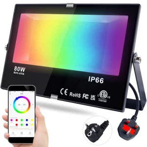 IP66 Outdoor 80W 7900LM Smart RGB Flood Lights APP Control Multi Colour Warm White LED Floodlight