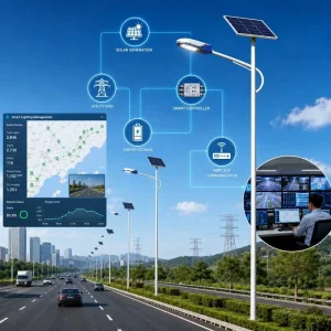 IP66 Solar LED Street Light for Road with 230lm/W High Efficacy Hybrid Grid & Smart Lighting Solutions