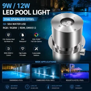 IP68 Pool Lights 316 Stainless Steel Submersible Warm White LED Underwater Recessed Lamp RDM DMX512 Control
