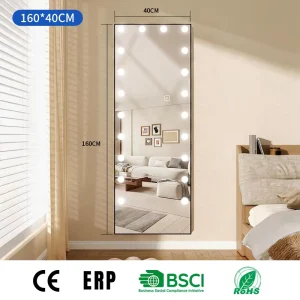 Joystar Holly Wood LED Full Length Mirror Bulbs Freestanding Dressing Mirror Metal Frame Dimmable Touch Switch Light Bedroom CE