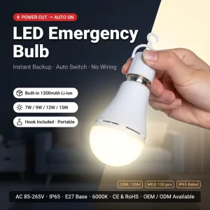 LED Emergency Bulb E27 7W 9W 12W 15W AC85 265V IP65 Rechargeable Li ion Battery Camping Outdoor Security Light OEM Available