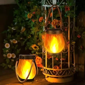 LED Flame Linen Hanging Solar Garden Light USB Rechargeable IP65 Waterproof Outdoor Camping Party Lantern