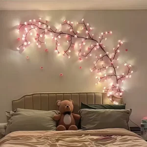 LED Red Peach Blossom & Cherry Blossom Willow Vine Lights with Branches for Christmas Wall Décor