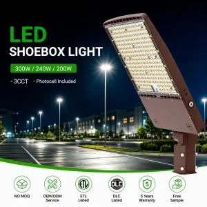 LED Shoebox Light 300W Parking Lot Pole Light DLC ETL 5 Years Warranty Waterproof Photocell Included Slip Fitter Mount 3CCT
