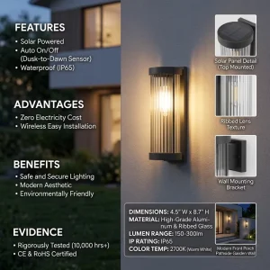 LED Solar Outdoor Wall Lights with Glass Shades Decorative for Fence Porch Doorway Garden Pathways Entryways