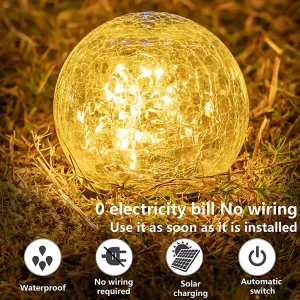LED Solar Powered Waterproof Warm White Cracked Glass Ball Globe Outdoor Decoration Landscaping Lights Pathway Patio Yard Lawn
