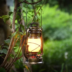 LED Vintage Lantern Flickering Flame Battery Operated Antiqued Copper Metal Oil Lamp for Camping Garden Party with Touch Control