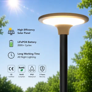 LiFePO4 Battery 2000+ Cycles Solar Post Light 365-Day Work Mode Round UFO Design IP65 All-Night Garden Park Path Lighting