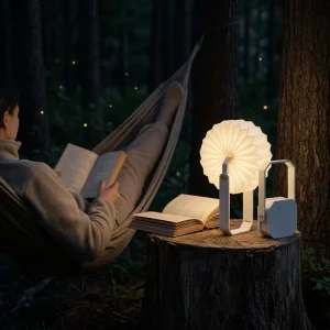 Lightweight Folding Paper Lantern Collapsible Accordion LED Lamp with Wooden Handle for Outdoor Use