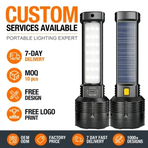Long-Distance LED Flashlight Solar Powered COB Dual-Color Side Light Type-C Fast-Charging Portable Emergency Camping Torch
