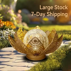 Lotus Flower Solar Garden Lights Metal Yard Art Crackle Globe Glass Lamp Garden Decor for Outside Flowerbed Lawn Patio Porch