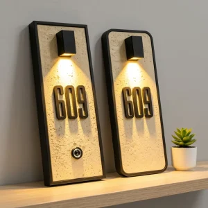 Luxury LED Illuminated House Number Sign With Doorbell Natural Travertine Stone Door Plaque Custom Hotel Room Number Sign