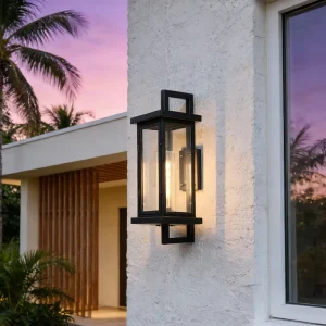 Luxury Modern LED Outdoor Wall Lantern, Waterproof Black and Clear Glass Wall-Mounted Garden Light