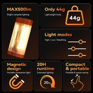 Magnetic Camping Light 500LM 44g 20H Runtime IPX4 Type C Rechargeable 2700K Warm Lantern with 1 4″ Thread for Outdoor